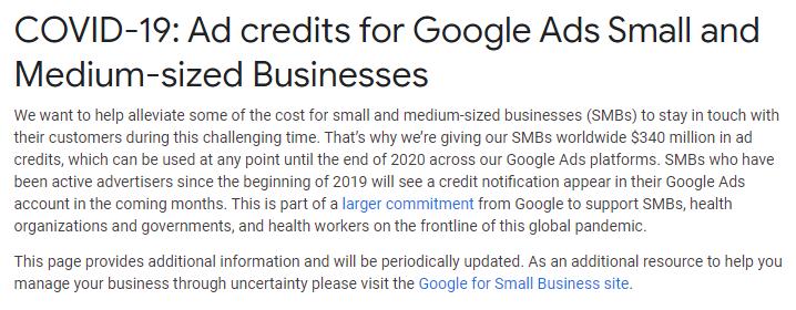Google Ads: $340 Miljoen Advertentie Budget Beschikbaar voor MKBs Wereldwijd nav Coronavirus/Covid19